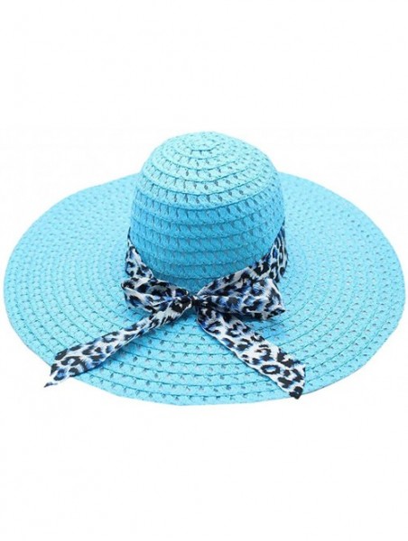 Sun Hats Women Colorful Big Brim Straw Bow Hat Sun Floppy Wide Brim Hats Beach Cap - Blue-leopard Print - CW18UXMLA56 $14.55