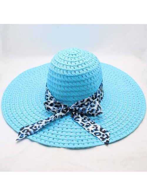 Sun Hats Women Colorful Big Brim Straw Bow Hat Sun Floppy Wide Brim Hats Beach Cap - Blue-leopard Print - CW18UXMLA56 $14.55